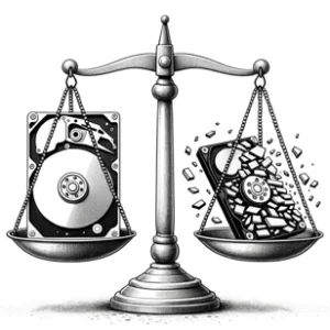 DALL·E 2023-10-19 11.54.52 - Drawing of a scale_ on one side, a hard drive being overwritten with data (symbolizing erasure) is balanced against a shattered hard drive on the othe