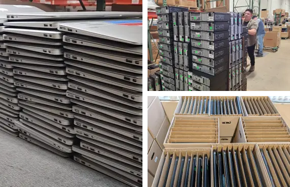 A collage of images with laptops packed and secured for auditing and testing at an ITAD facility