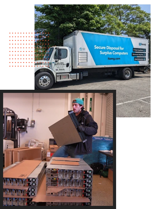 A composite image showing an ITAMG truck labeled for secure disposal of surplus computers and a technician handling decommissioned IT equipment in a warehouse. The image highlights IT equipment disposal, recycling, liquidation, and resale services, emphasizing efficient and eco-friendly practices.