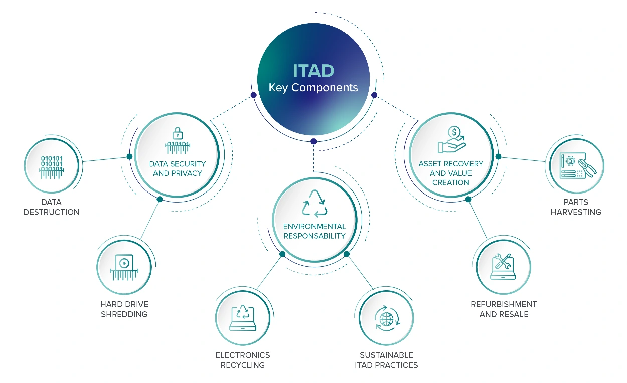 ITAD Components Infographic titled 'ITAD Key Components' highlighting data destruction, data security and privacy, environmental responsibility, asset recovery and value creation, parts harvesting, refurbishment and resale, sustainable ITAD practices, electronics recycling, and hard drive shredding