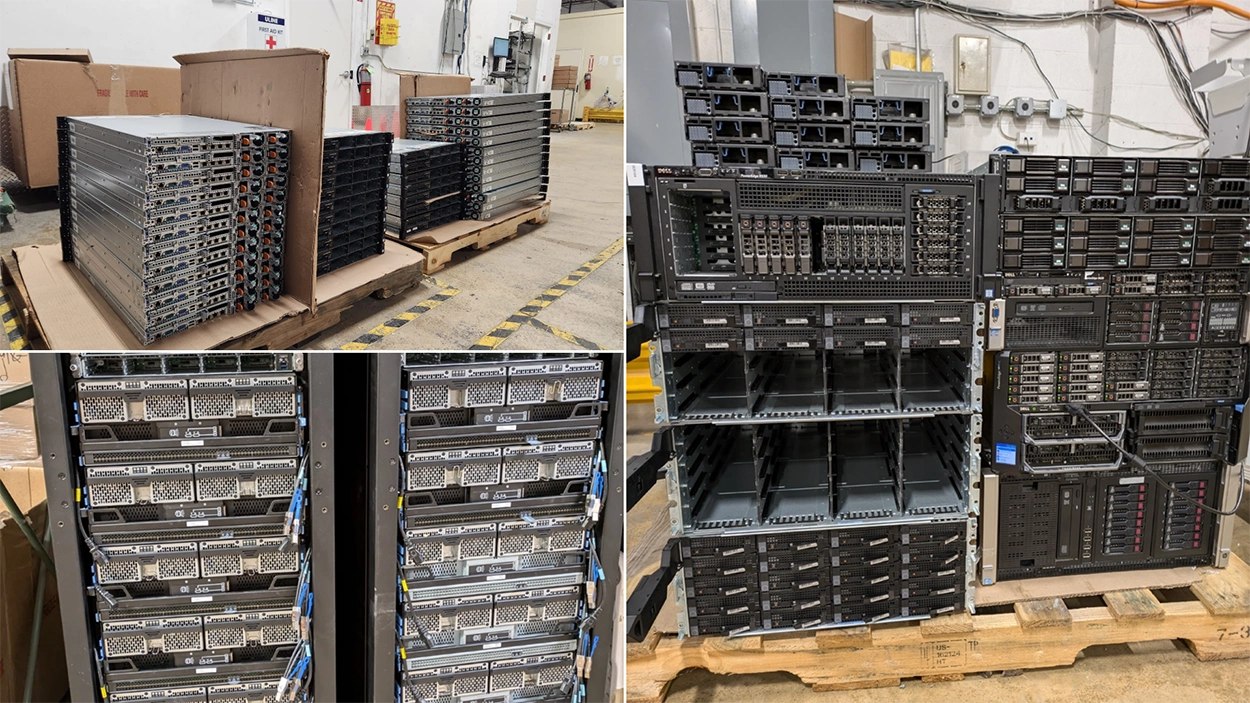 Decommissioned enterprise servers and storage systems staged in a warehouse for resale, IT asset recovery, and data center equipment liquidation.