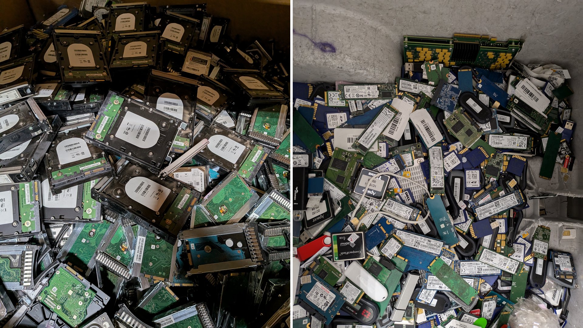 HDD versus SSD comparison: spinning hard disk drives with magnetic platters (left) require different destruction methods than M.2 NVMe solid-state drives with flash memory chips (right) under NIST 800-88