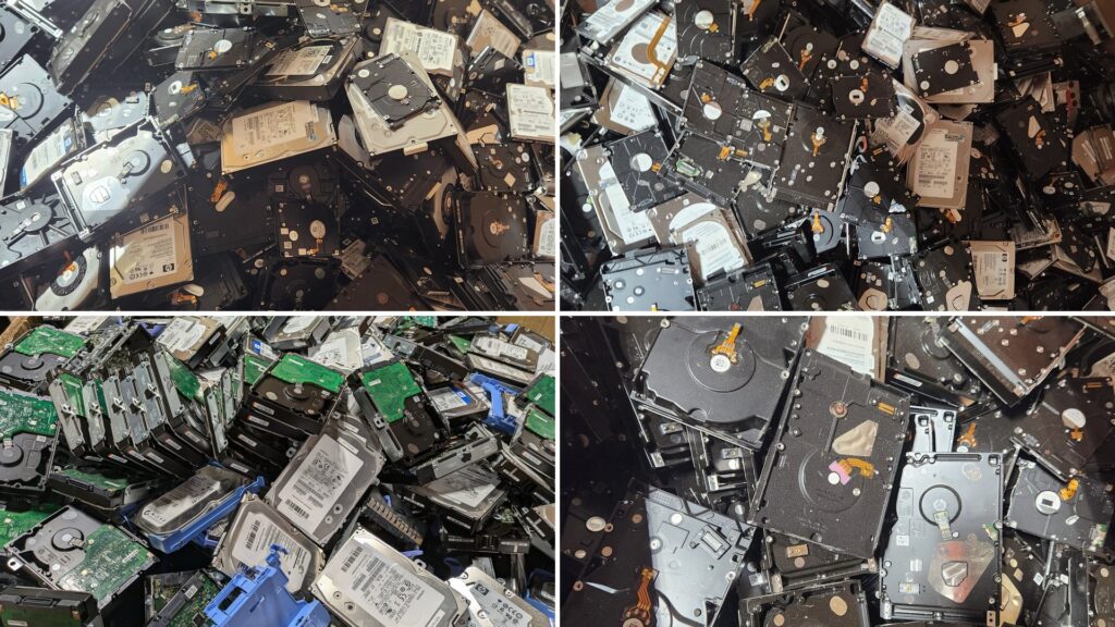 Decommissioned hard disk drives staged for NIST 800-88 compliant physical destruction at ITAMG's NAID AAA and R2v3 certified facility