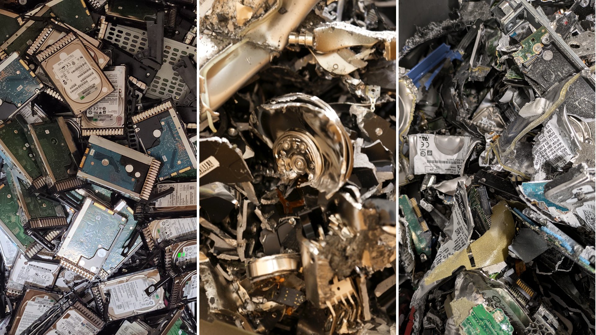Hard drive destruction process: intact decommissioned HDDs (left), destroyed HDD with magnetic platter exposed mid-process (center), and particle-size shred output after NIST 800-88 Destroy-tier sanitization (right)