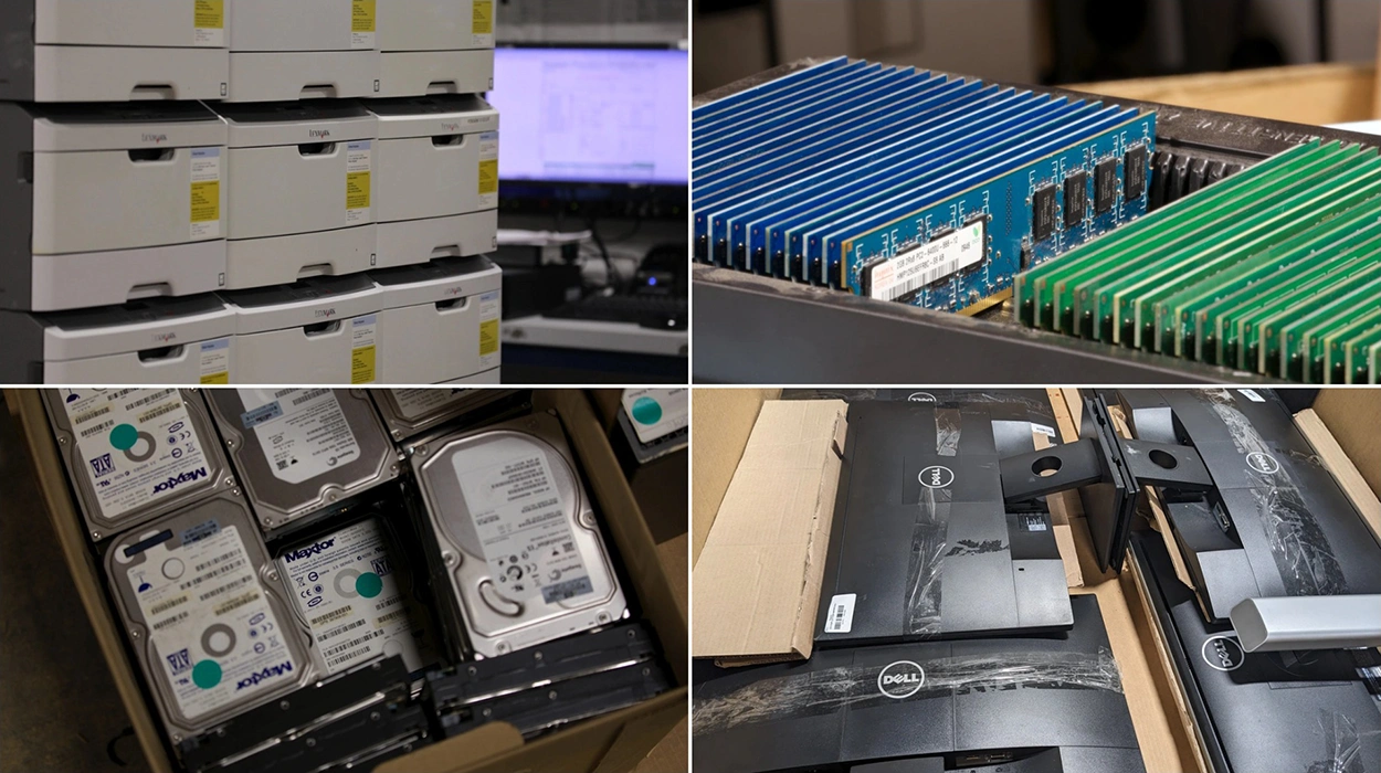 Used office printers, computer memory modules, hard drives, and Dell monitors prepared for IT asset disposition (ITAD), resale, refurbishment, and used computer equipment valuation.