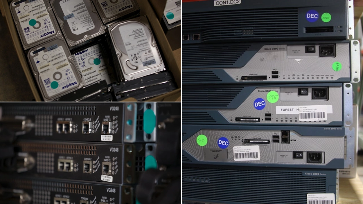 Used enterprise IT equipment including hard drives, Cisco routers, and network hardware prepared for resale and IT asset disposition