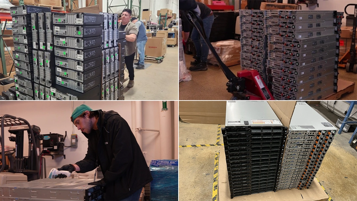 Used enterprise servers and data center equipment being inventoried, processed, and prepared for resale and IT asset recovery