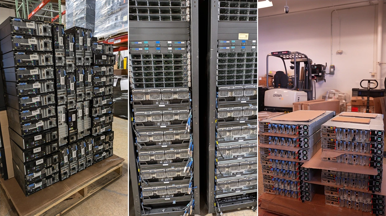 Used enterprise servers and data center equipment stacked on pallets and in server racks for IT asset disposition (ITAD), resale, refurbishment, and used computer equipment valuation
