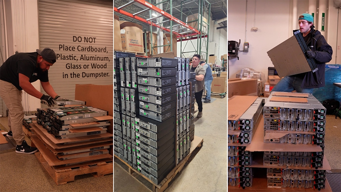 ITAMG technicians handling and palletizing enterprise servers as part of a secure IT asset chain of custody