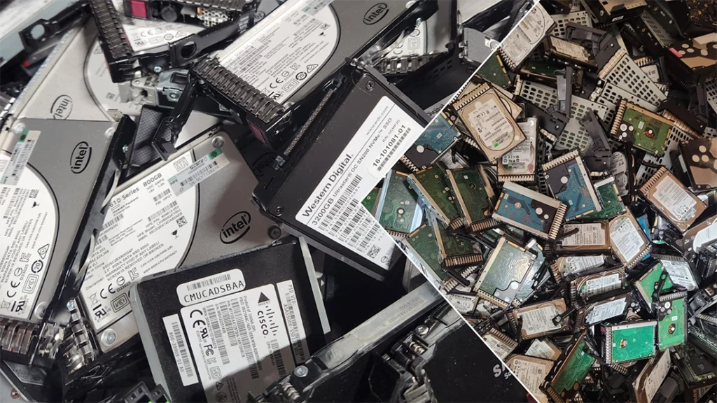 Solid-state drives (SSDs) and hard disk drives (HDDs) awaiting secure data wiping and destruction