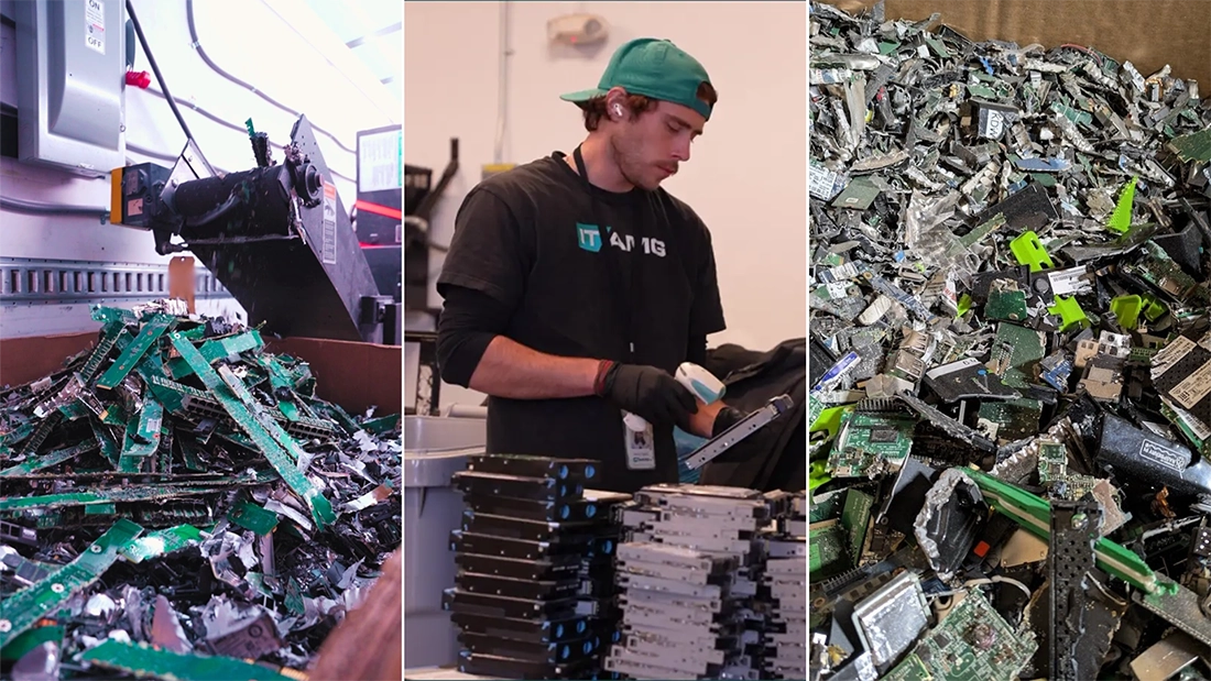 ITAMG Technician processing hard drives alongside shredded electronic media during a NAID AAA certified data destruction and IT asset disposition process.