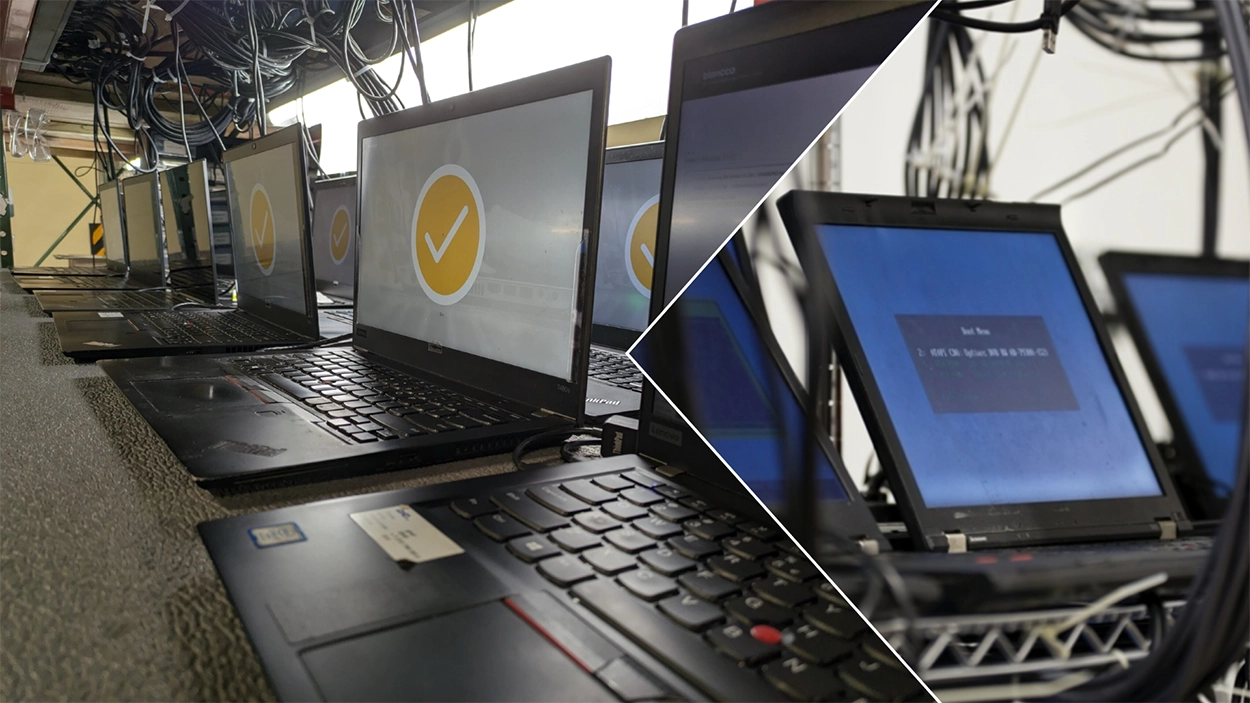 Laptops undergoing data erasure and IT asset processing before reuse or recycling