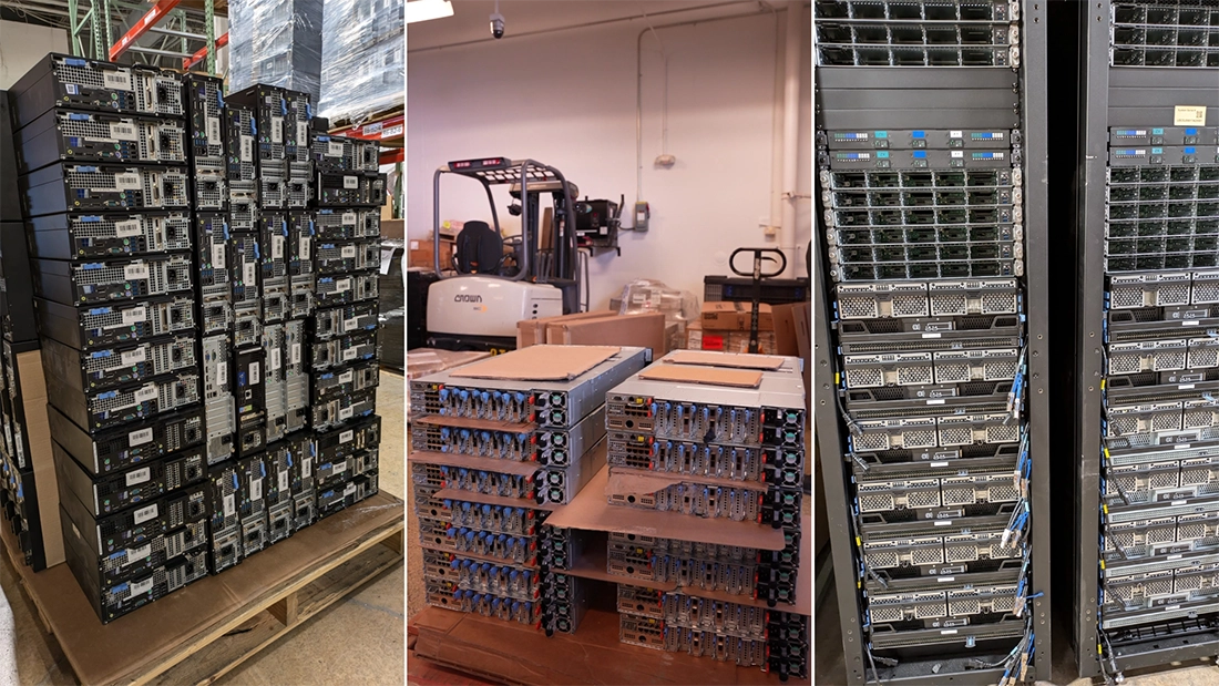Used enterprise servers stacked on pallets, prepared for IT asset recycling, refurbishment, and responsible data center decommissioning.