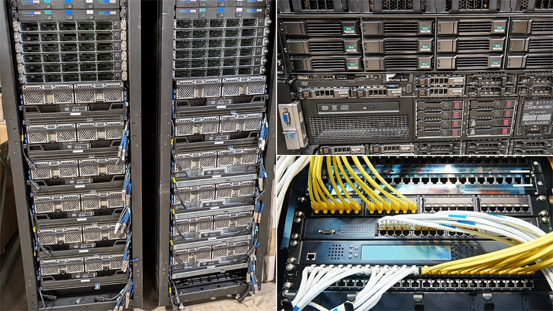 Server decommissioning checklist showing server racks and network equipment for secure hardware retirement